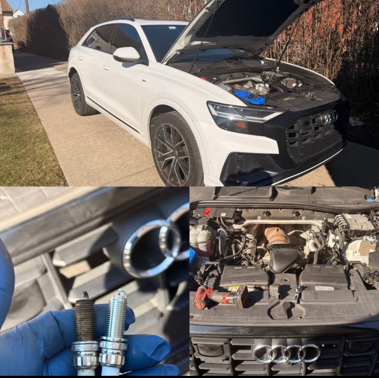 White Audi with the hood open and engine detail shots