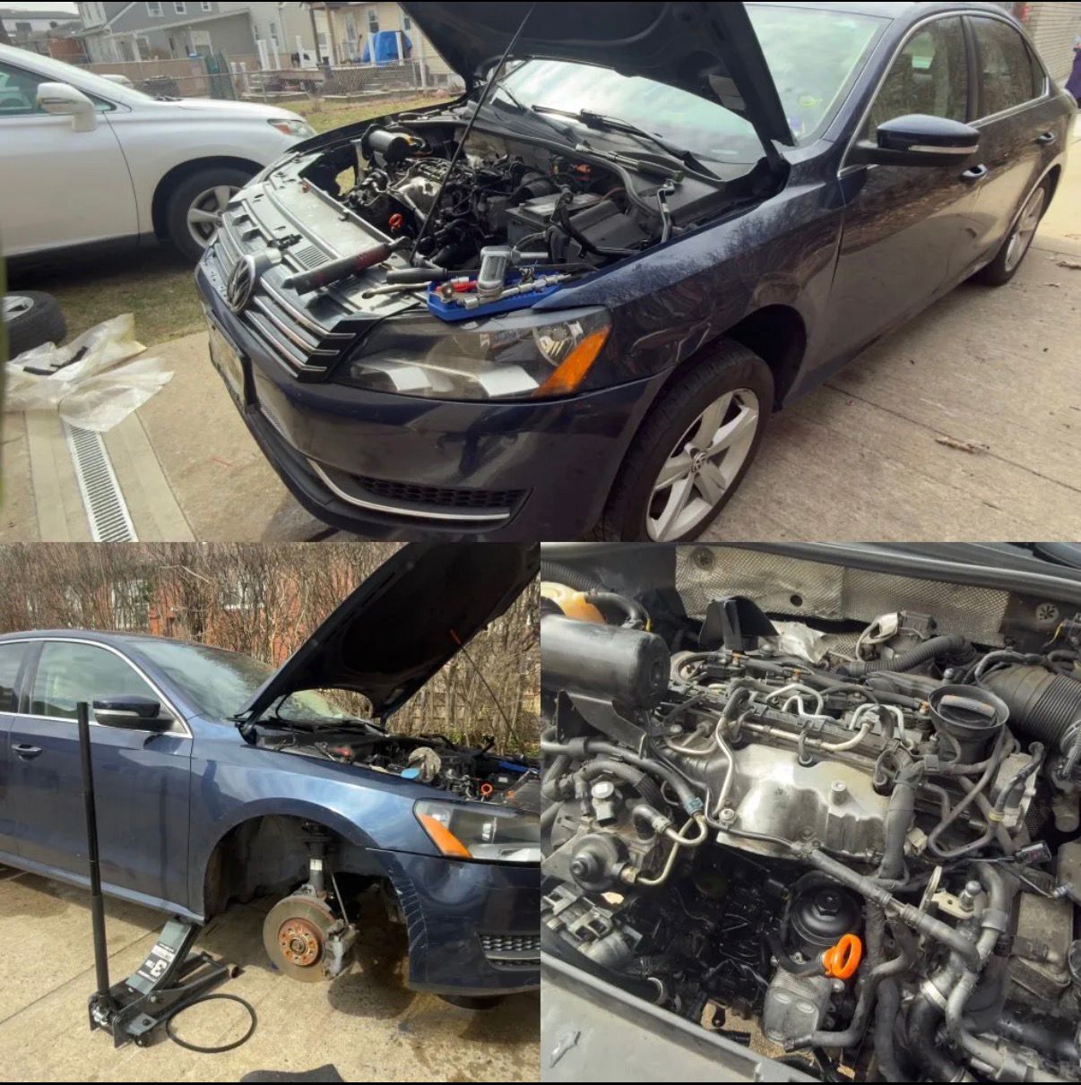 Dark sedan serviced in a driveway with engine detail shots